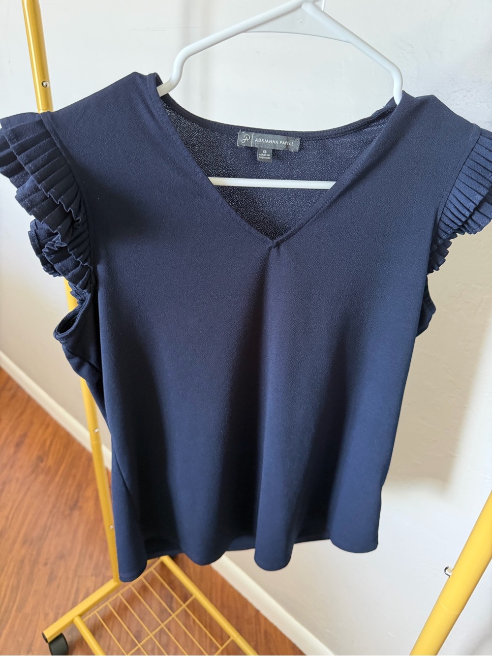 Adrianna Papell Dark Navy V-Neck Pleated Flutter Sleeve Top